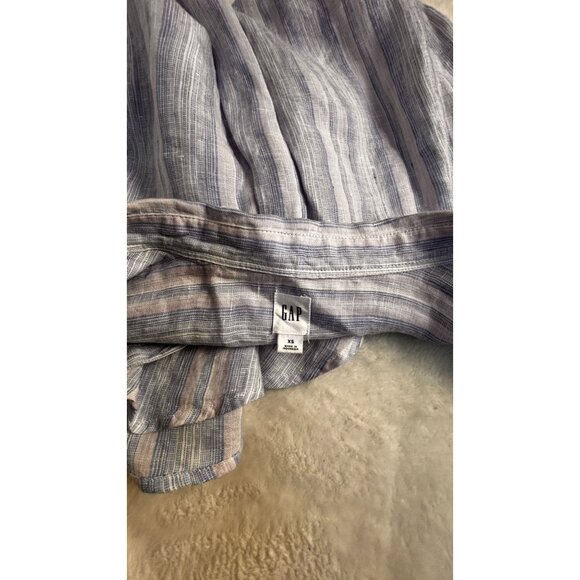 Gap Women Blue White Striped Long Sleeve Linen V-Neck Collared Pullover Shirt XS - Picture 3 of 7